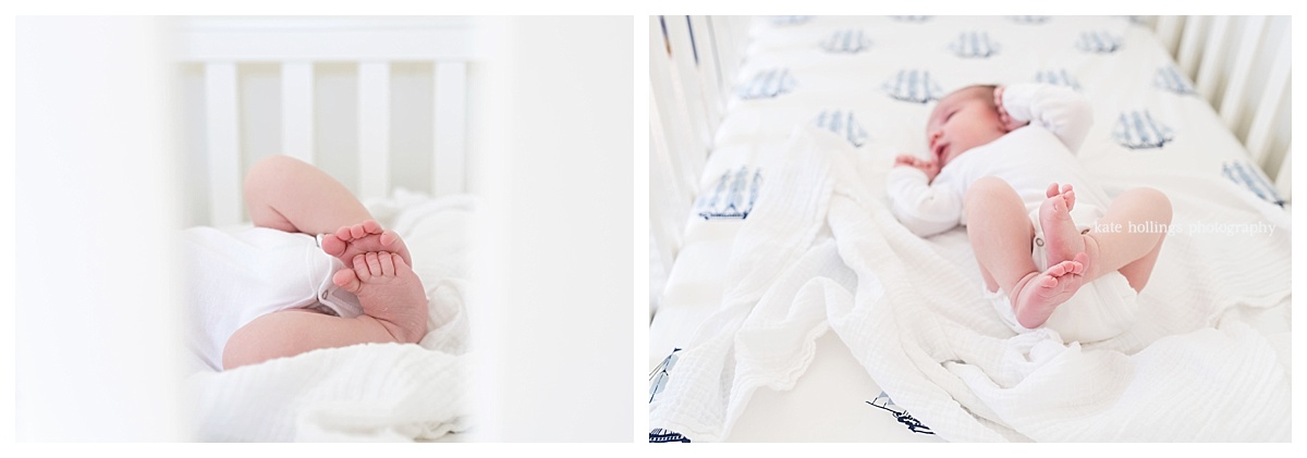 Baby boy lies on swaddle in his crib
