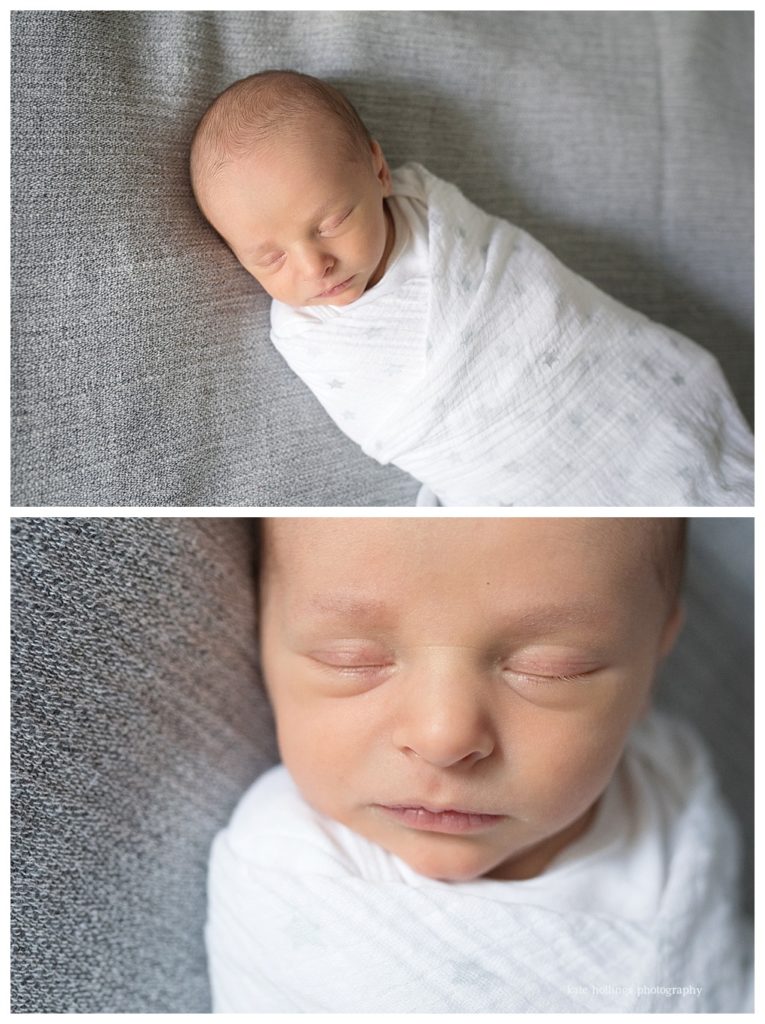 Baby sleeps in white swaddle