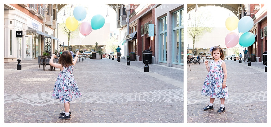 Girl holds tightly to her balloons