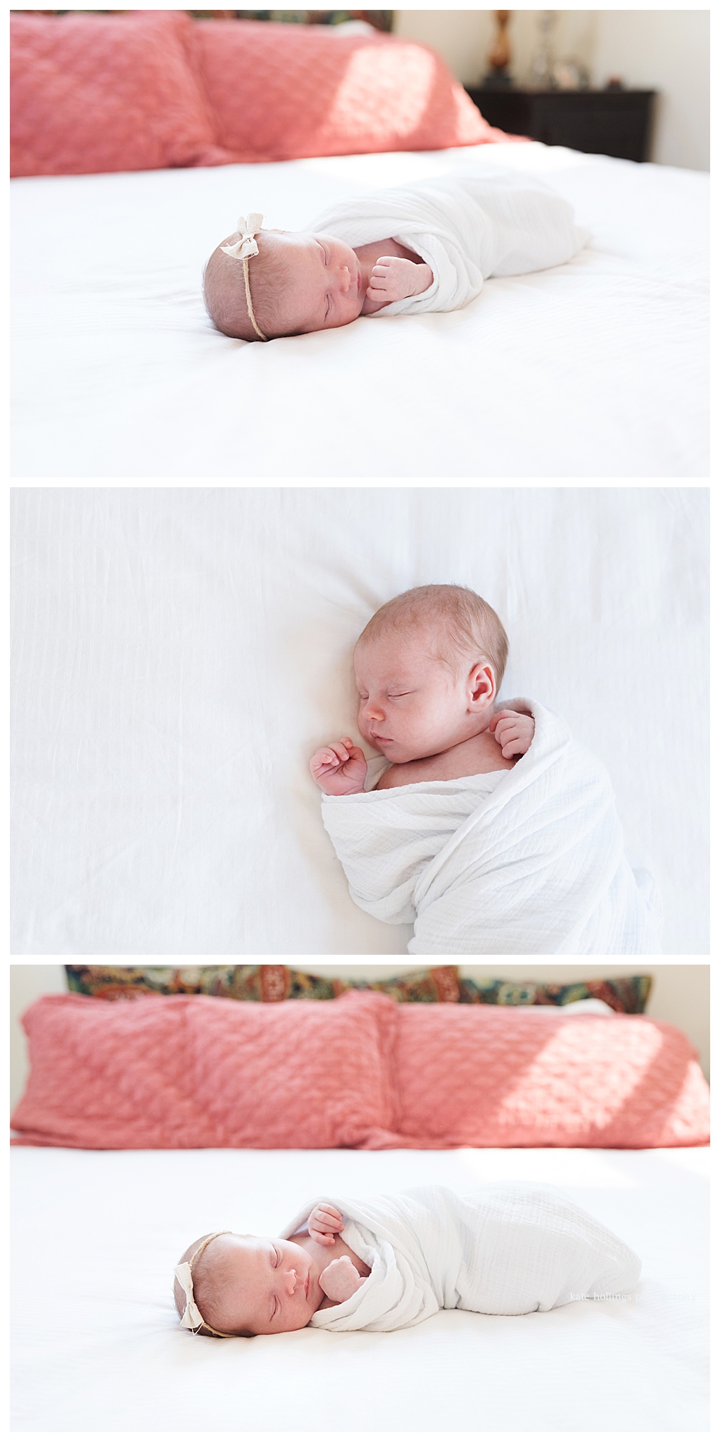 Newborn sleeps in white swaddle