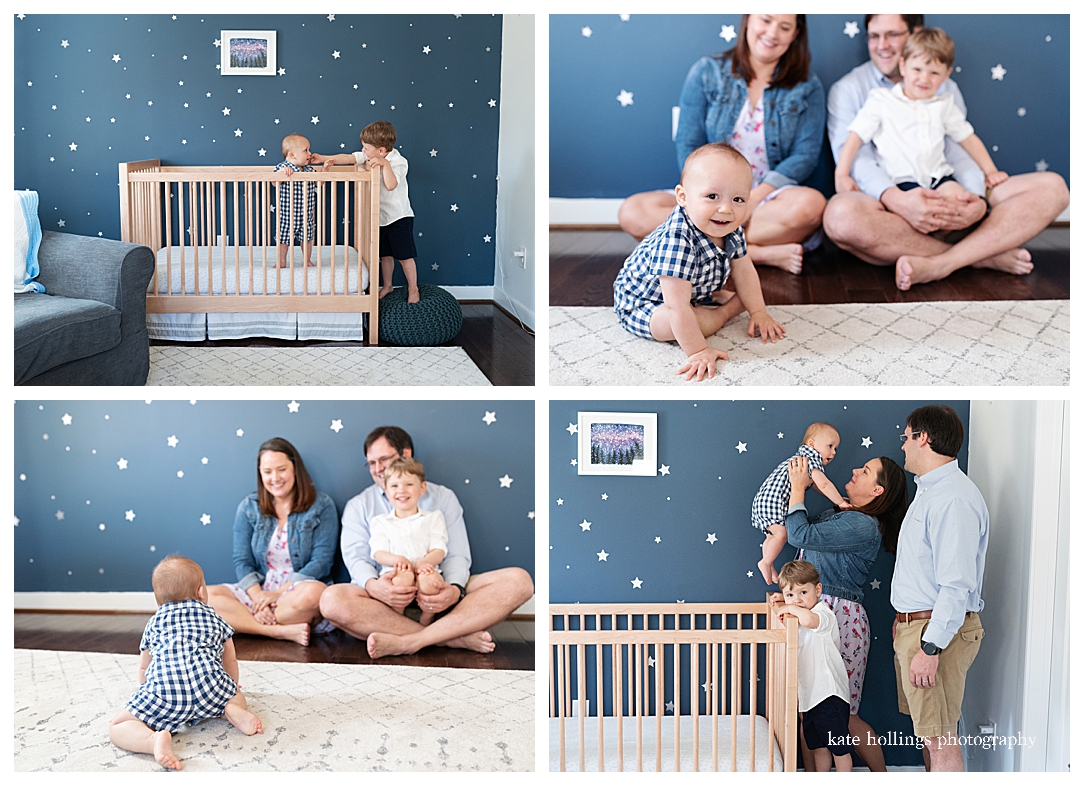 Family of four hangs out in starry night nursery