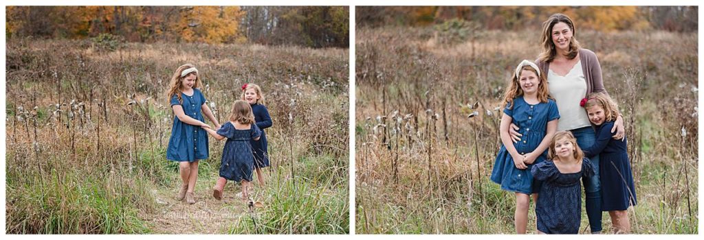 Girls play in field at fall photo session