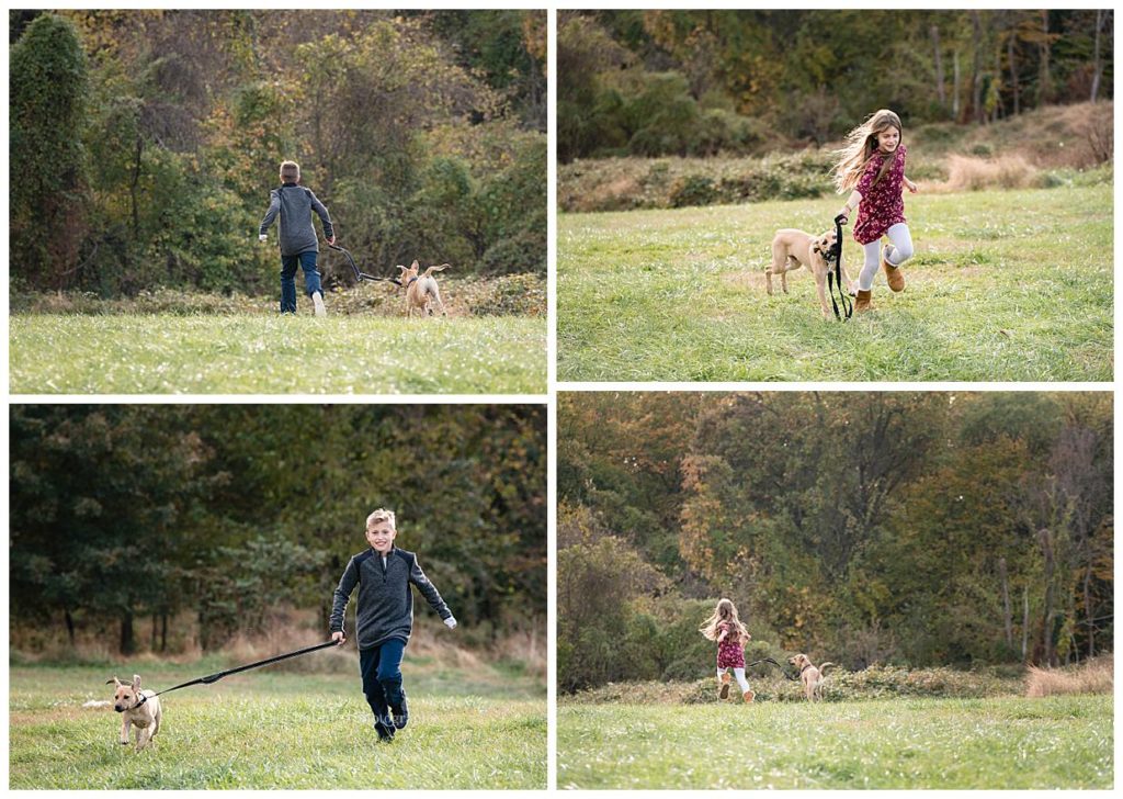 kids run with puppy at family photo shoot