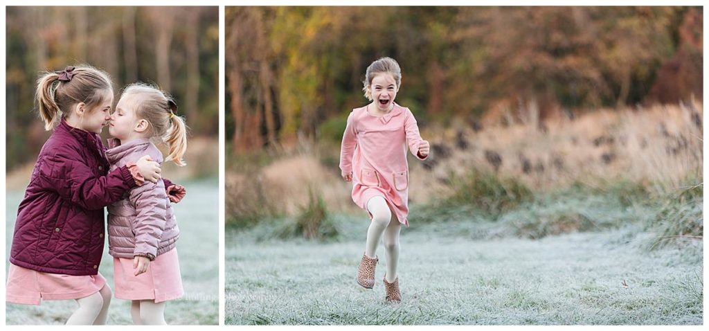 girls play in frosty field for family photos